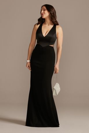Crepe Sheath Plunge Long Gown with ...
